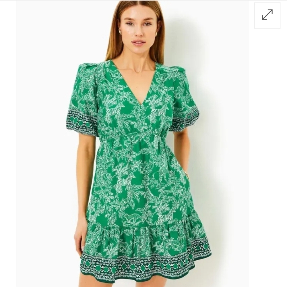 Lilly Pulitzer Kentlee Puff Sleeve Cotton Dress In Fiddle Leaf Safari Size 6